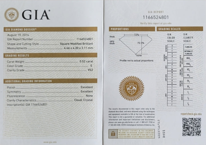 GIA diamond grading report with detailed information on a 0.52 Carat Princess Diamond