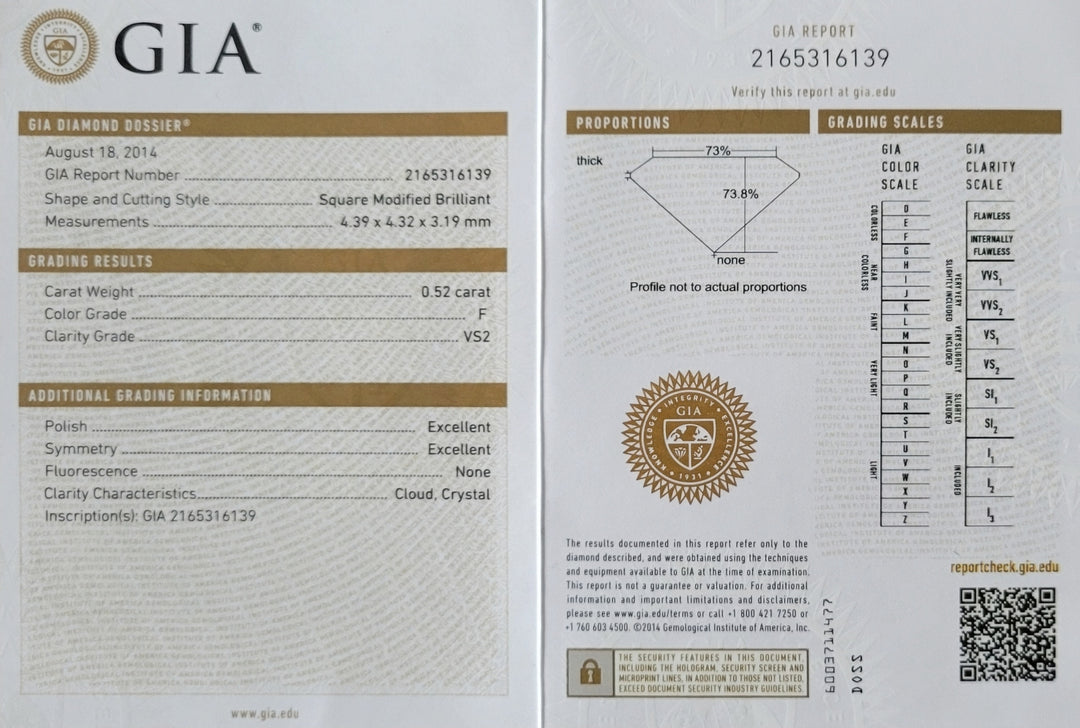 GIA diamond grading report with detailed information on a 0.52 Carat Princess Diamond