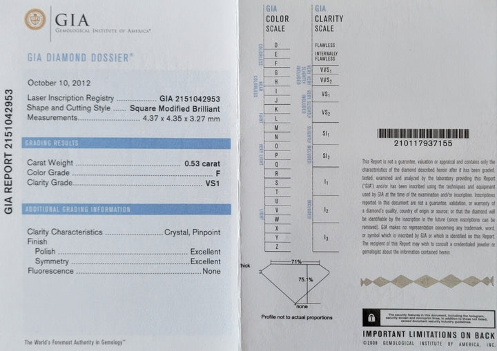 GIA Diamond Dossier with diamond measurements and grading details for 0.53 Carat Princess Diamond