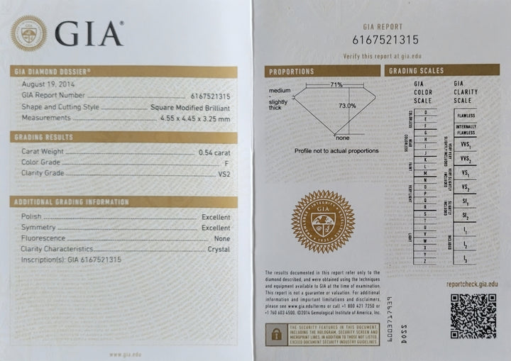 GIA diamond grading report with detailed information on a 0.54 Carat Princess Diamond