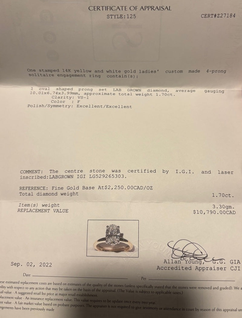 1.70 Carat Lab Grown Oval Diamond Solitaire Ring