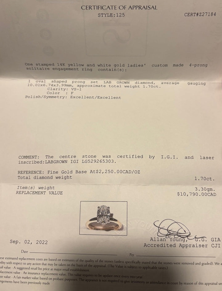 1.70 Carat Lab Grown Oval Diamond Solitaire Ring