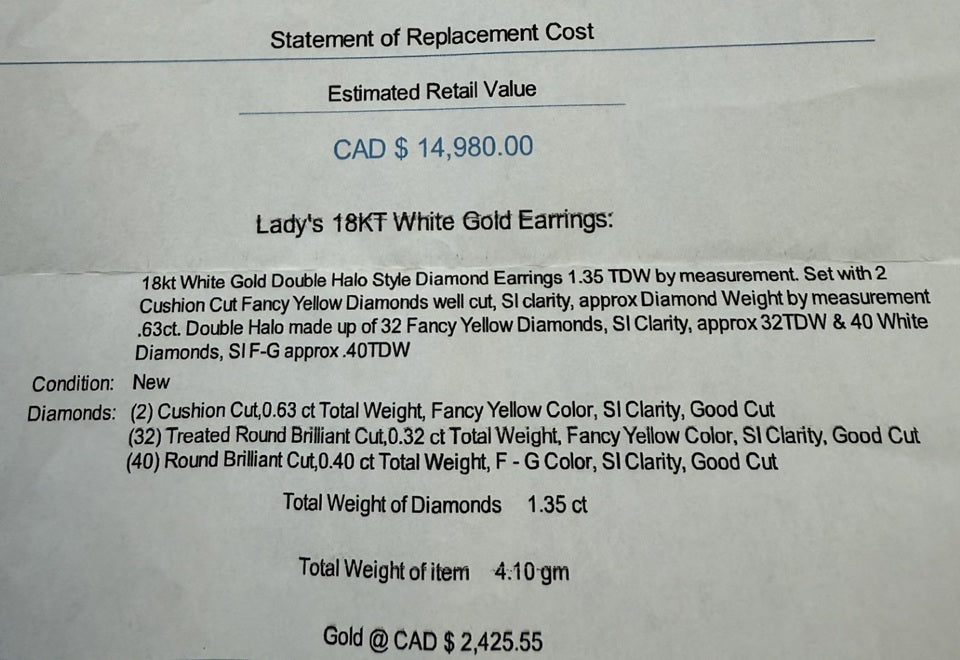 1.35 Carat Double Halo Fancy Yellow Cushion Diamond Earrings