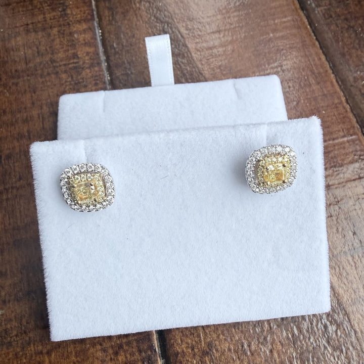 1.35 Carat Double Halo Fancy Yellow Cushion Diamond Earrings