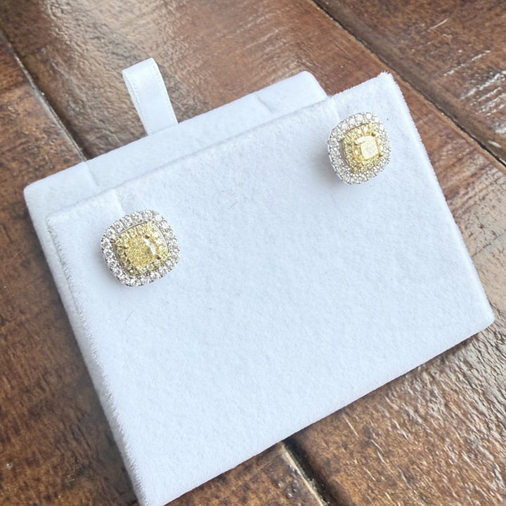 1.35 Carat Double Halo Fancy Yellow Cushion Diamond Earrings