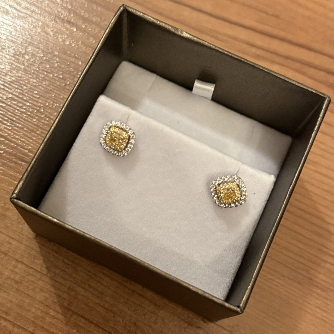 1.35 Carat Double Halo Fancy Yellow Cushion Diamond Earrings