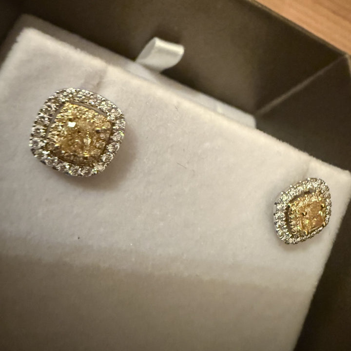 1.35 Carat Double Halo Fancy Yellow Cushion Diamond Earrings