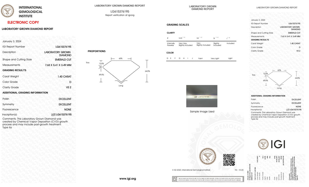 Lab grown diamond report with IGI logo on a white background