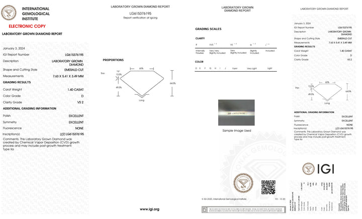 Lab grown diamond report with IGI logo on a white background