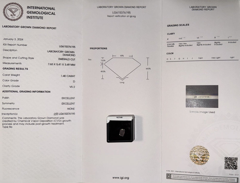 Lab grown diamond report with grading details and a diamond image on a white background.