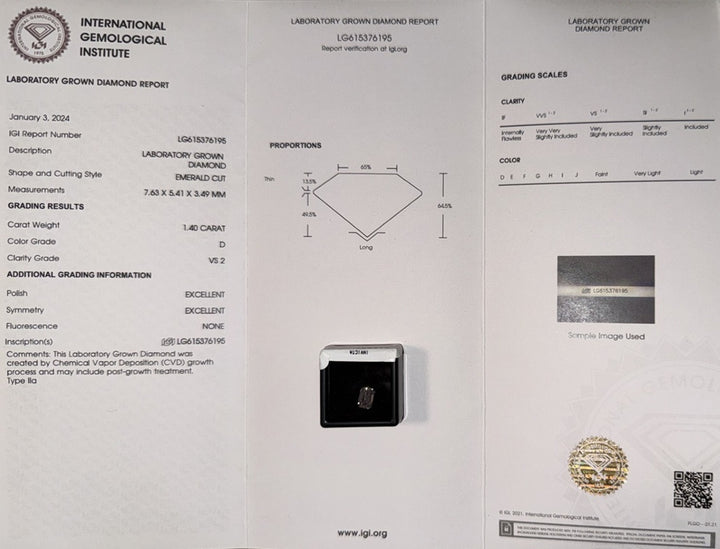 Lab grown diamond report with grading details and a diamond image on a white background.