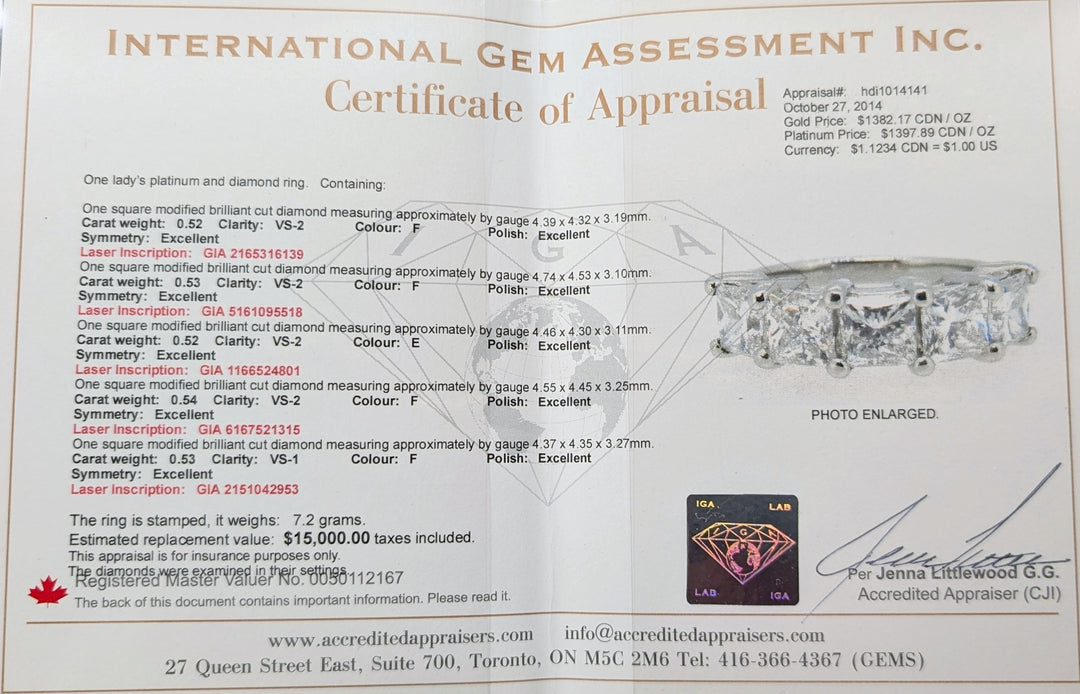 International Gem Assessment Inc. Certificate of Appraisal for a diamond ring