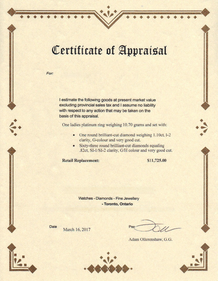 Certificate of Appraisal for antique ring with decorative border and halo setting