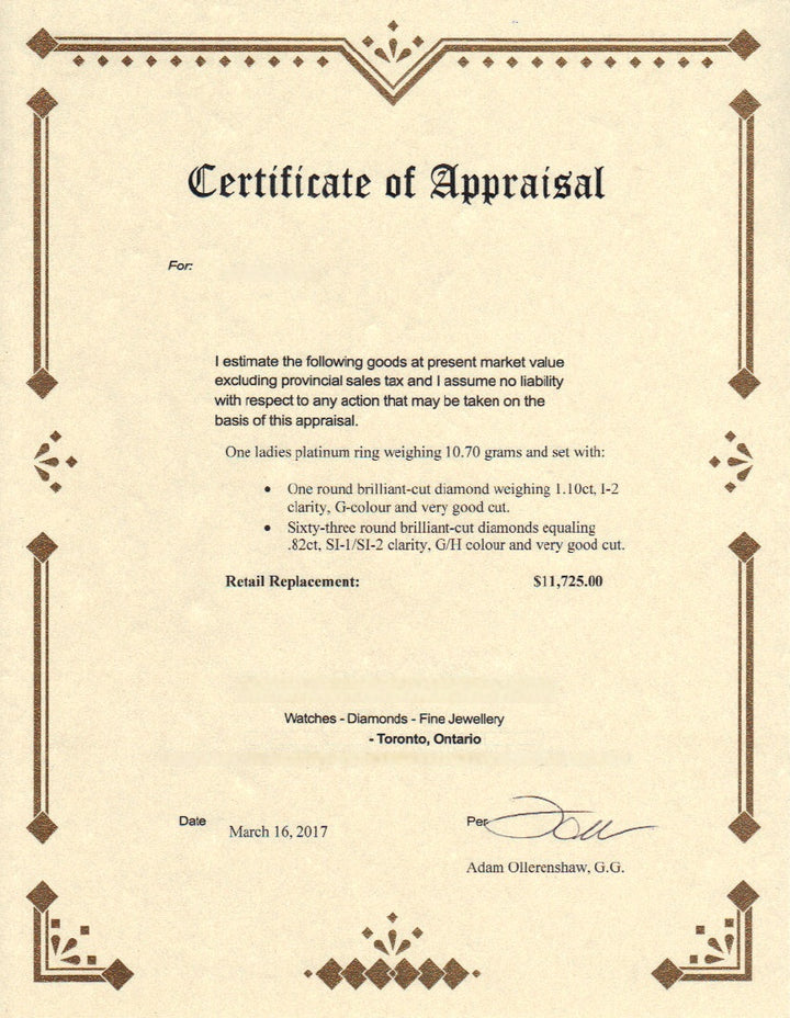 Certificate of Appraisal for antique ring with decorative border and halo setting