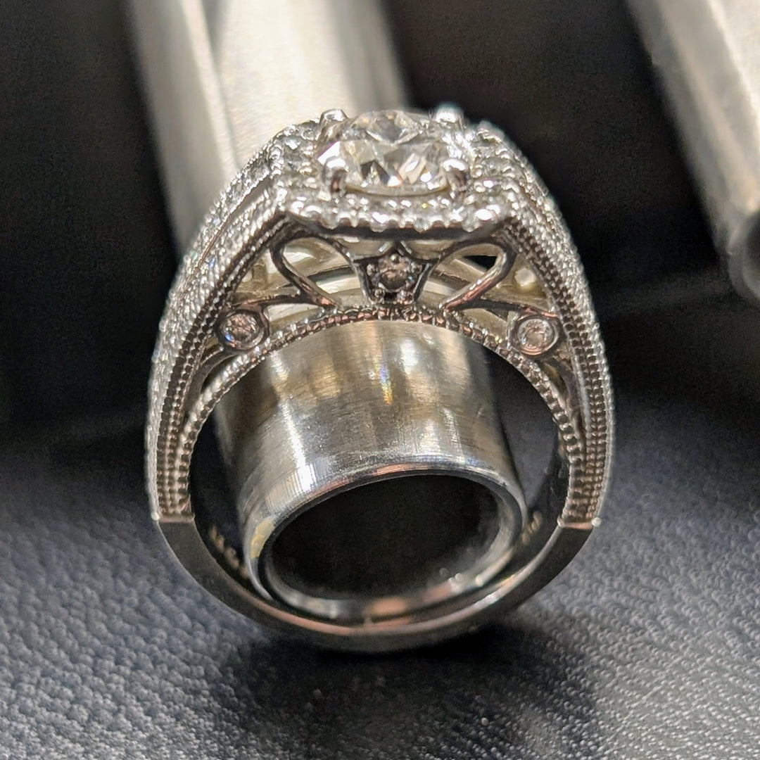 Platinum Antique Style Split-Shank Pave Diamond Ring with Halo Setting and Decorative Under-Gallery