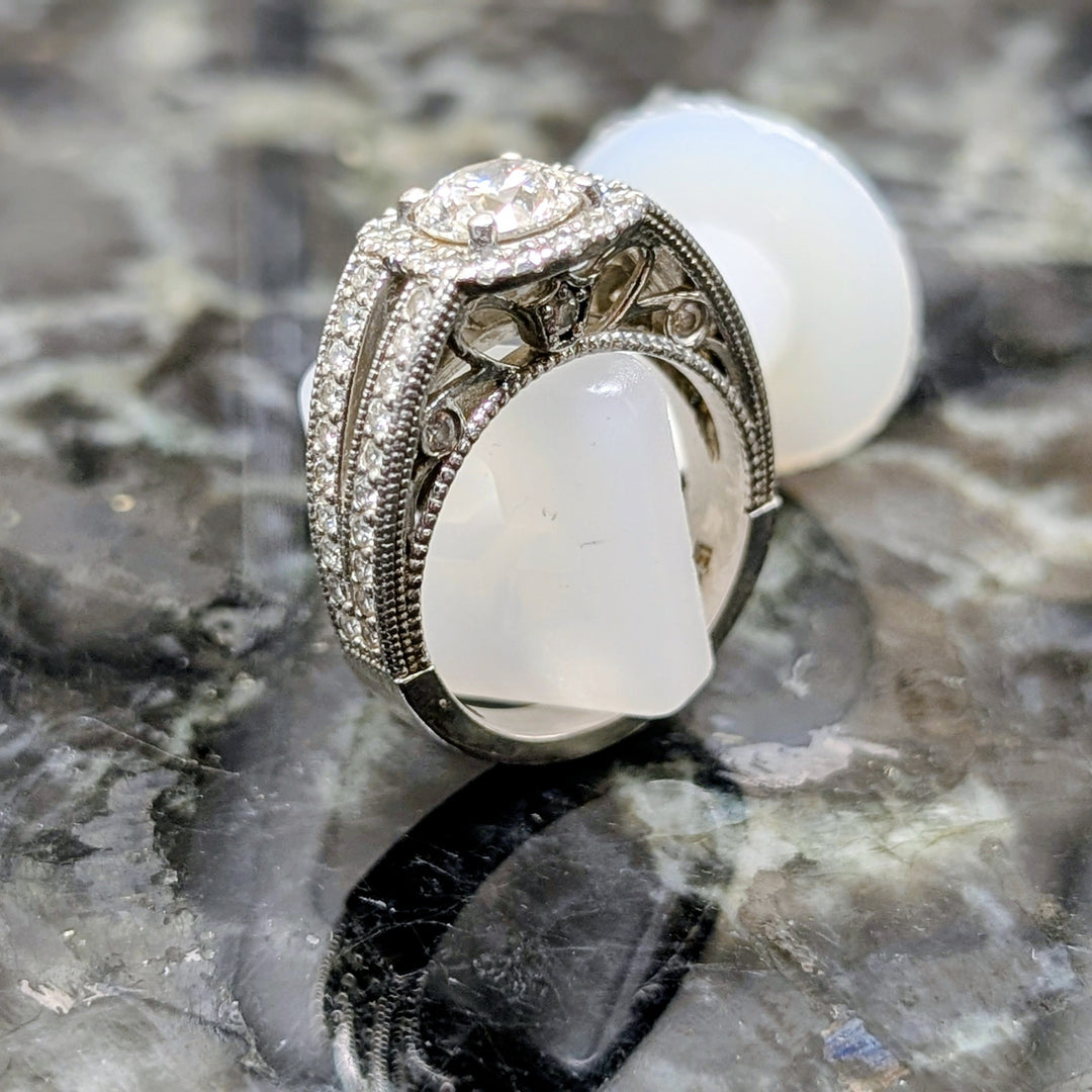 Platinum Antique Style Split-Shank Pave Diamond Ring with Halo Setting and Decorative Under-Gallery