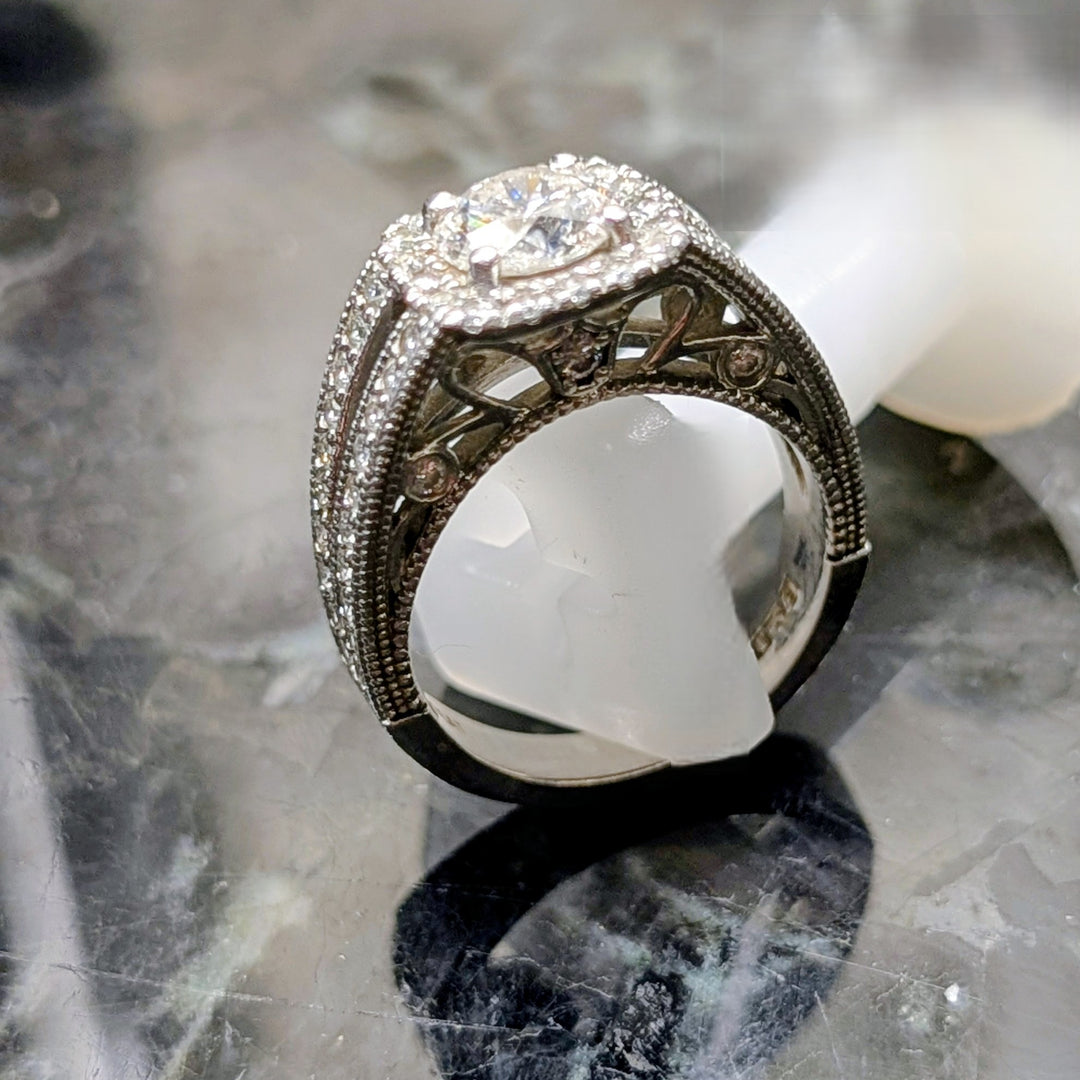 Platinum Antique Style Split-Shank Pave Diamond Ring with Halo Setting and Decorative Under-Gallery