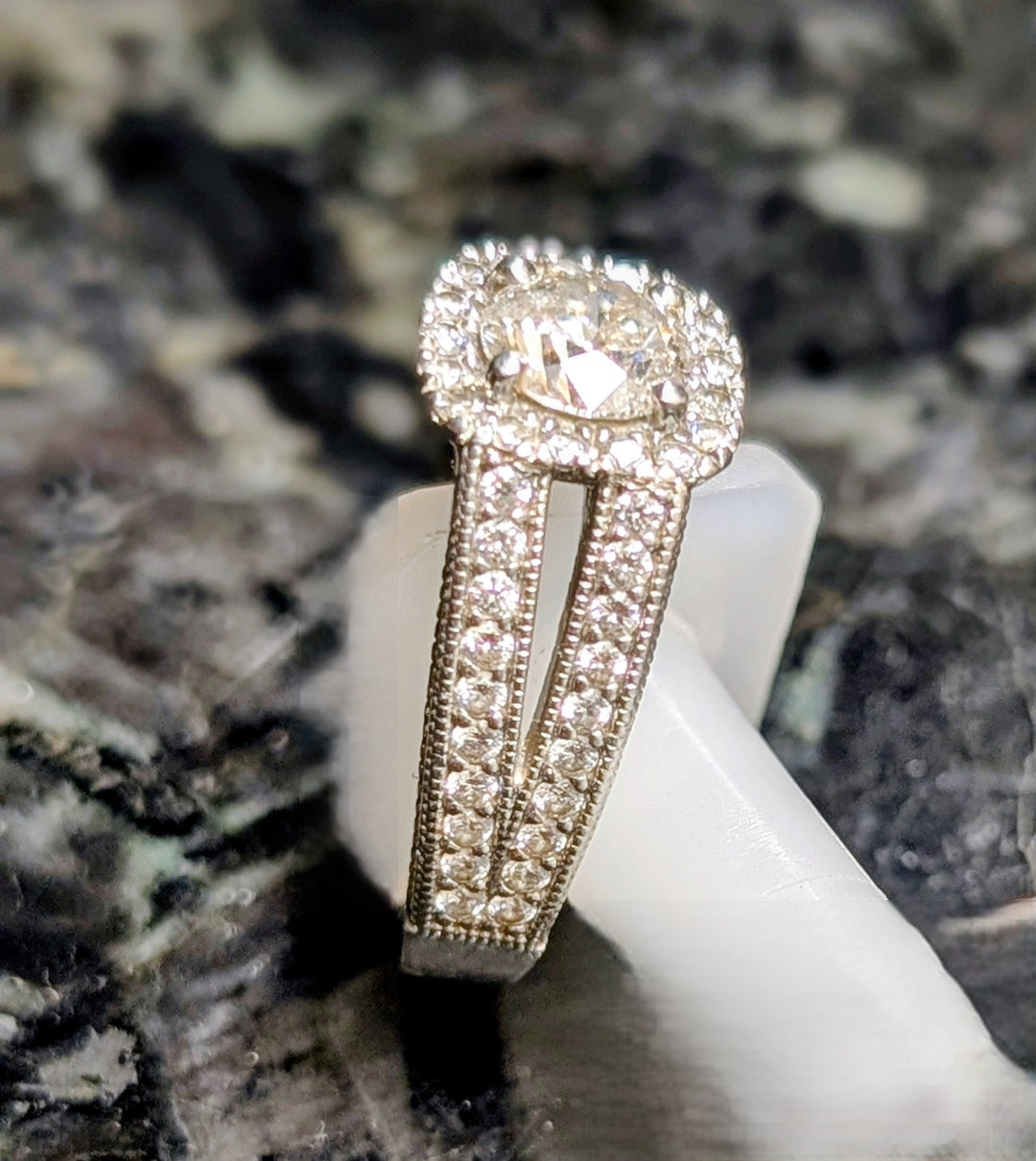 Platinum Antique Style Split-Shank Pave Diamond Ring with Halo Setting and Decorative Under-Gallery