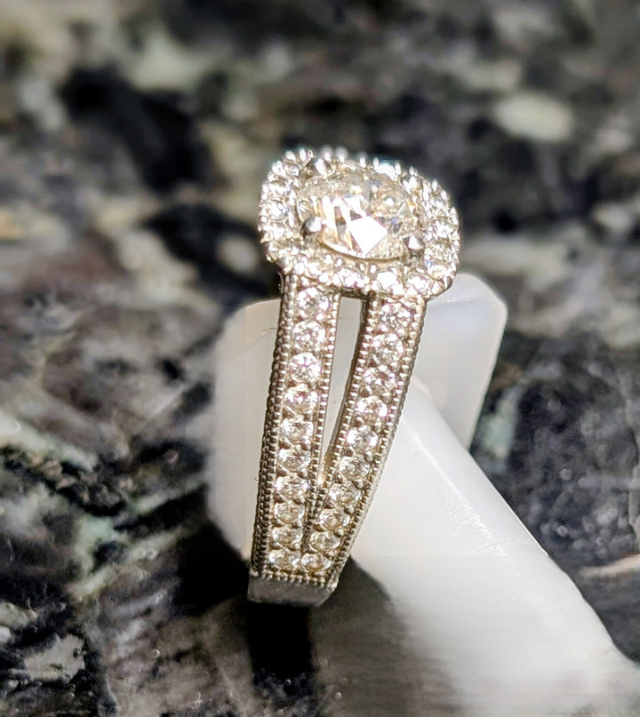 Platinum Antique Style Split-Shank Pave Diamond Ring with Halo Setting and Decorative Under-Gallery