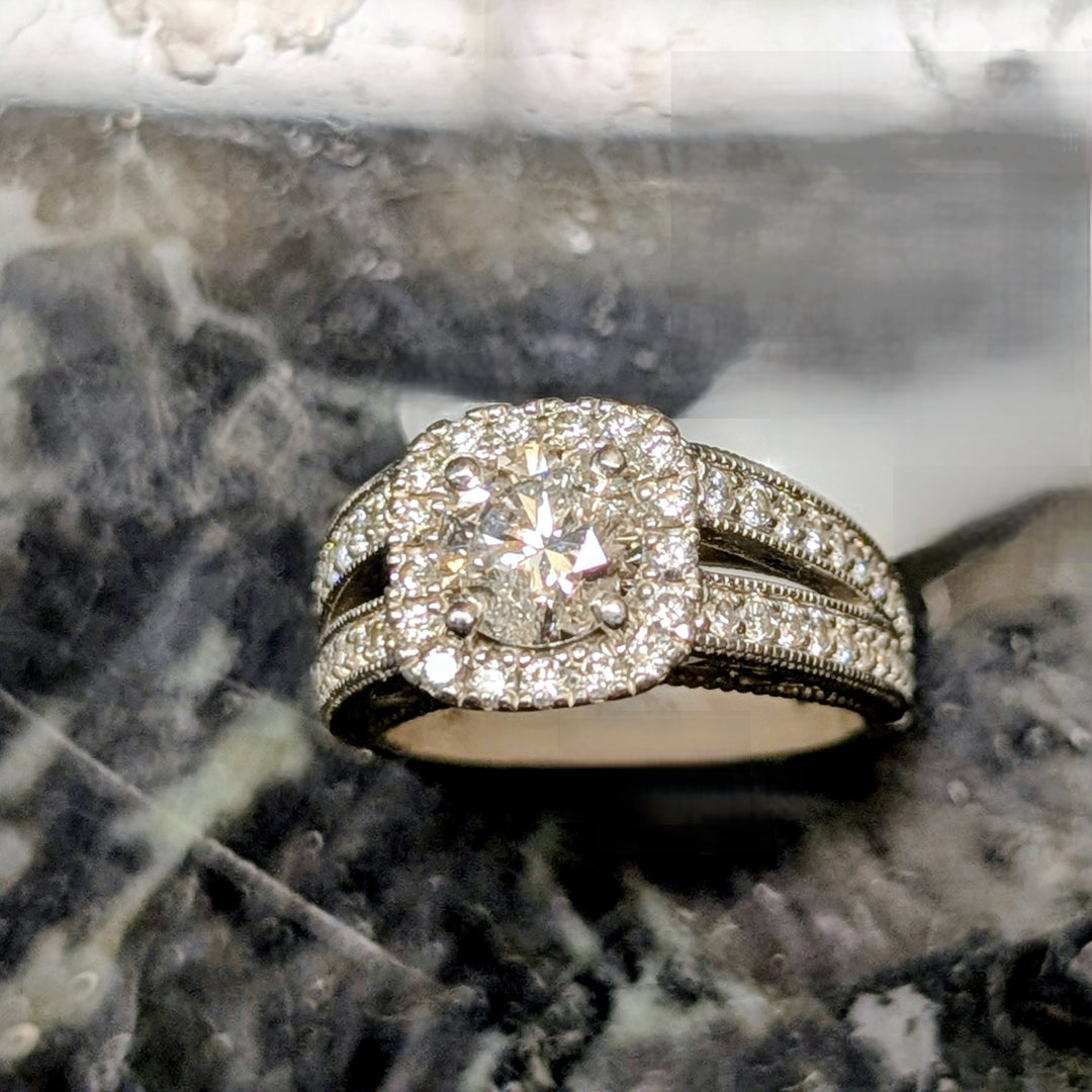 Platinum Antique Style Split-Shank Pave Diamond Ring with Halo Setting and Decorative Under-Gallery