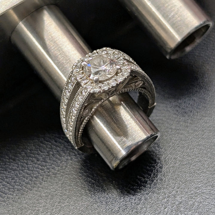 Platinum Antique Style Split-Shank Pave Diamond Ring with Halo Setting and Decorative Under-Gallery