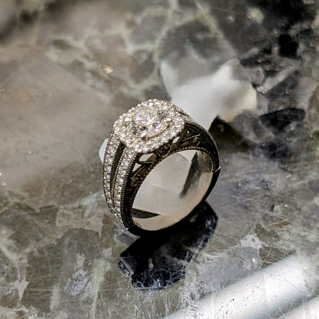 Platinum Antique Style Split-Shank Pave Diamond Ring with Halo Setting and Decorative Under-Gallery