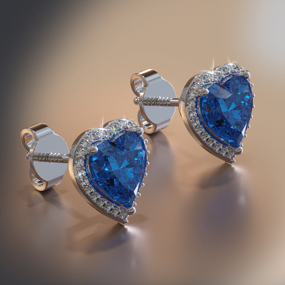 Heart Gemstone & Diamond Halo Stud Earrings